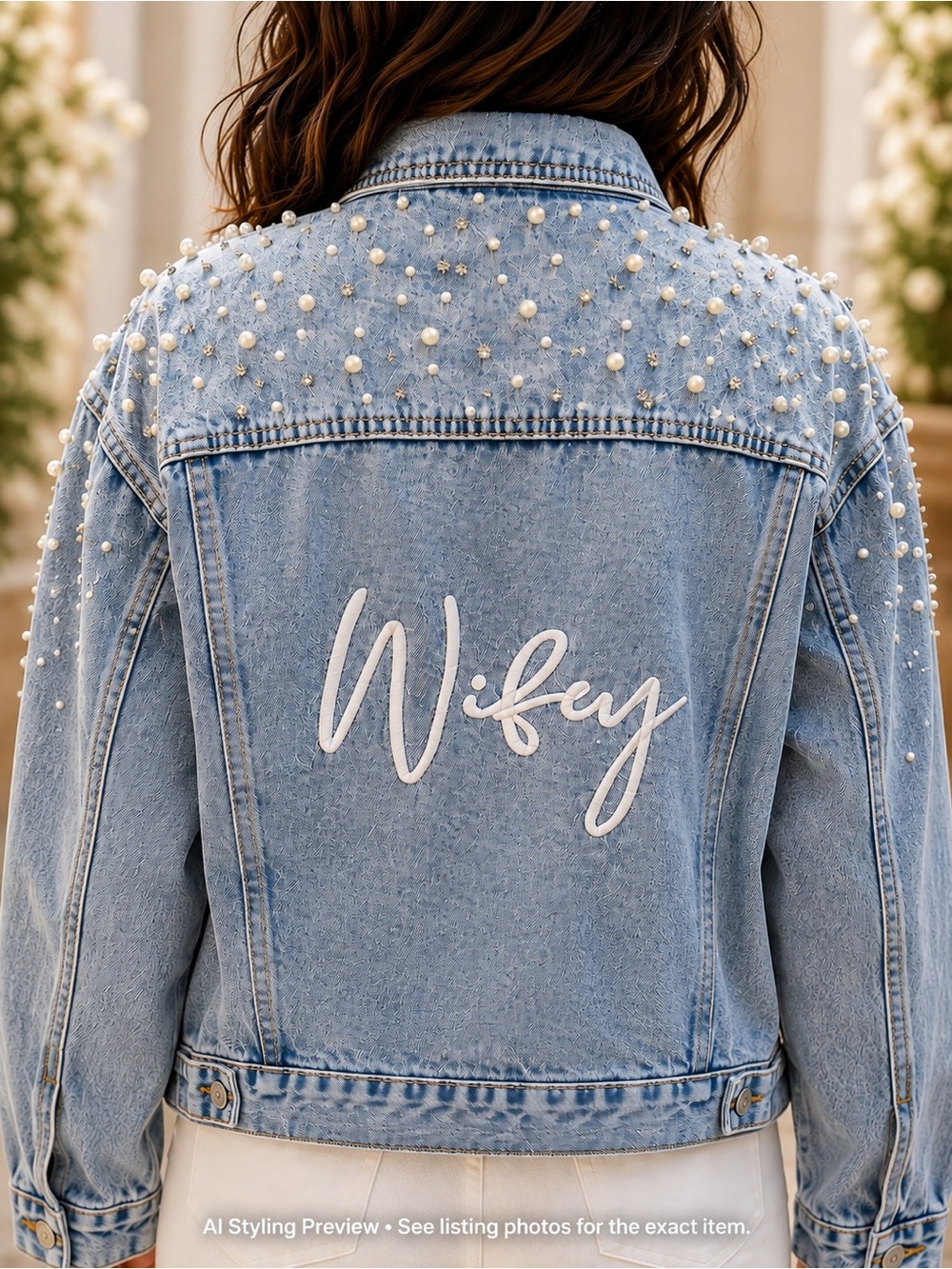 DB Studio Pearl Embellished “Wifey” Denim Jacket Women’s M-L Bridal